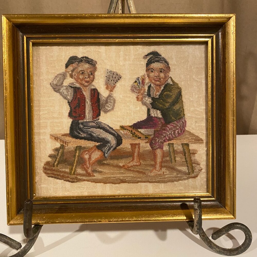 Antique Victorian Petit Point Needlepoint Playing Cards Framed‎ Art